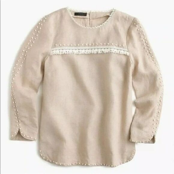 J. Crew Embroidered Linen Long Sleeve Blouse Tan 8 - Picture 1 of 10